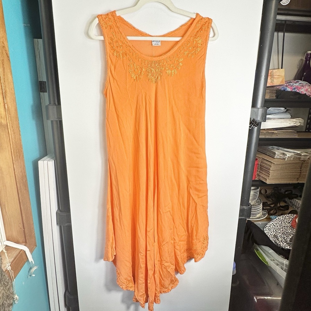 Vtg Shoreline Womens One‎ Size Orange Embroidered Hanky Hem Dress Cover Up NOS
